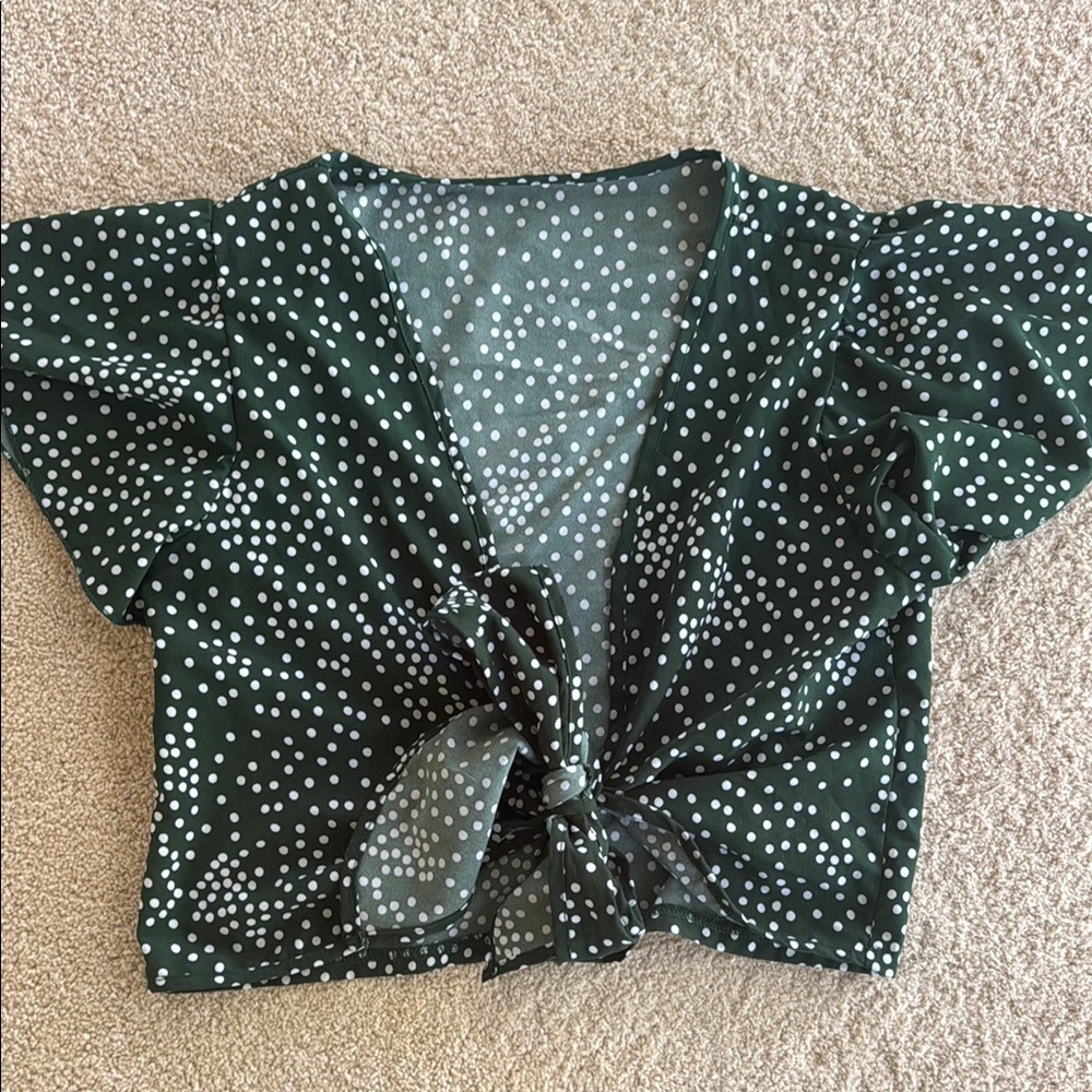Polka Dot Tie-Front Top - Green